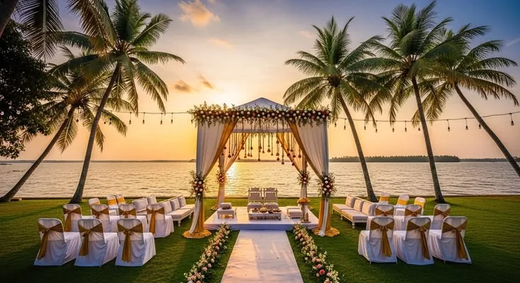 A tropical wedding where backwaters, palms, and love come together.